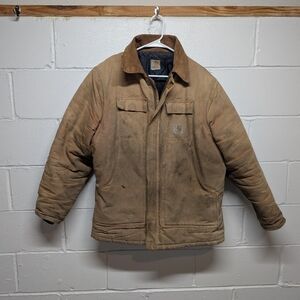 Vintage CARHARTT Tan Grunge Tattered Thrashed Distessed Work Chore Jacket Large